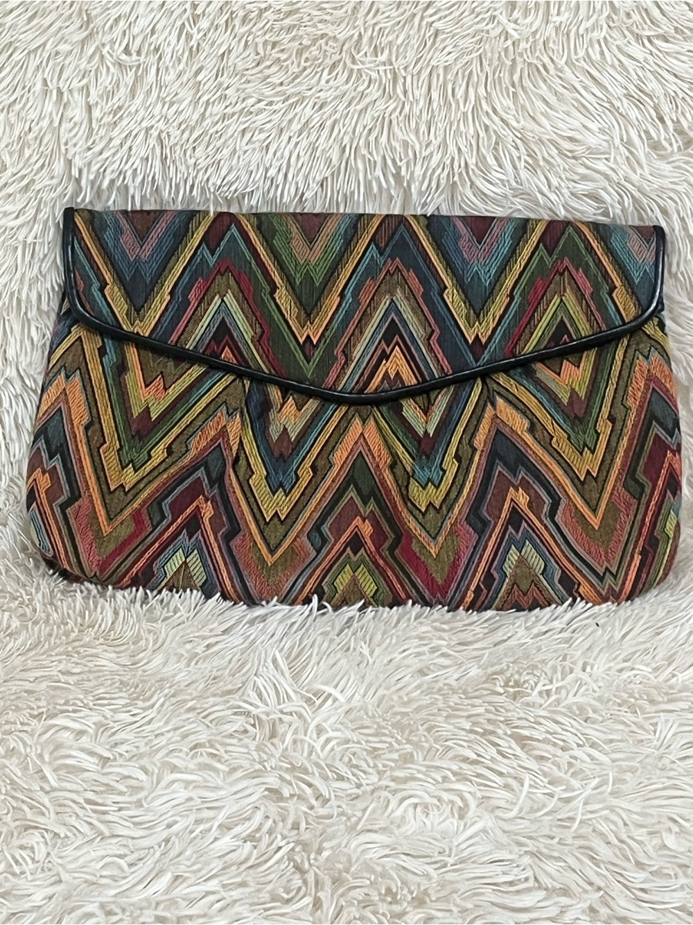 VINTAGE MORRIS MOSKOWITZ CHEVRON TAPESTRY FOLDOVER Clutch Black LEATHER Trim: